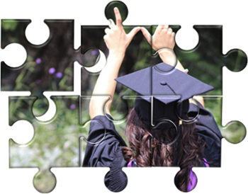Puzzle pieces coming together to make an image of a Western student in a graduation gown and cap with back to the camera and looking up and off into the distance.